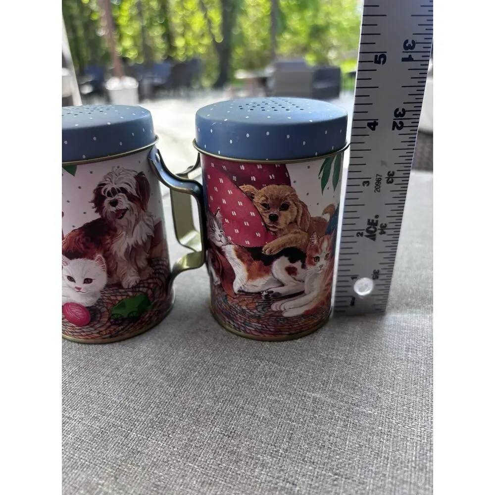 VTG JSNY Tin Cats Dogs Handled Salt Pepper Shakers 4